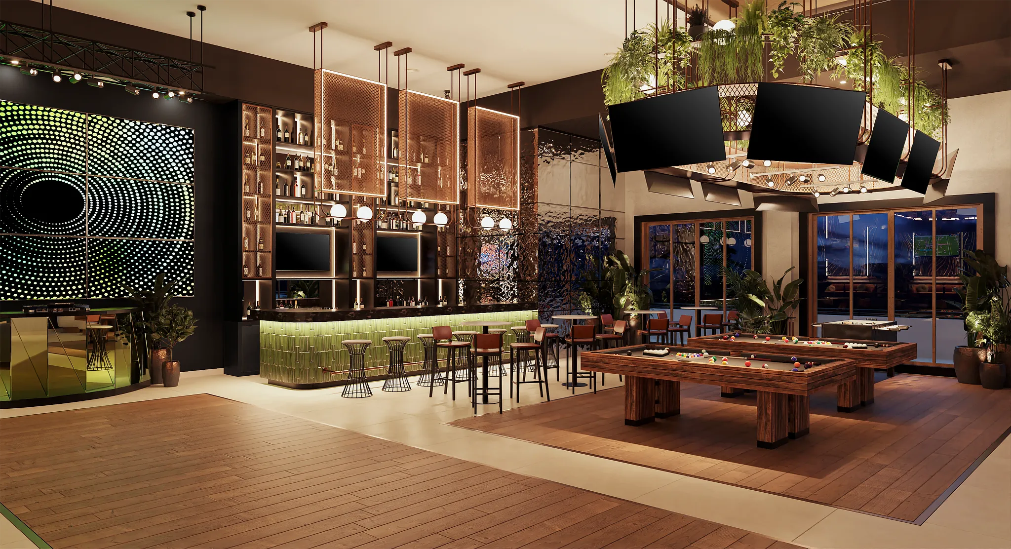 Desires Music Bar Lounge at Secrets Playa Mujeres Golf & Spa Resort featuring a stylish bar, DJ music lounge, billiards tables, and modern nightlife atmosphere.