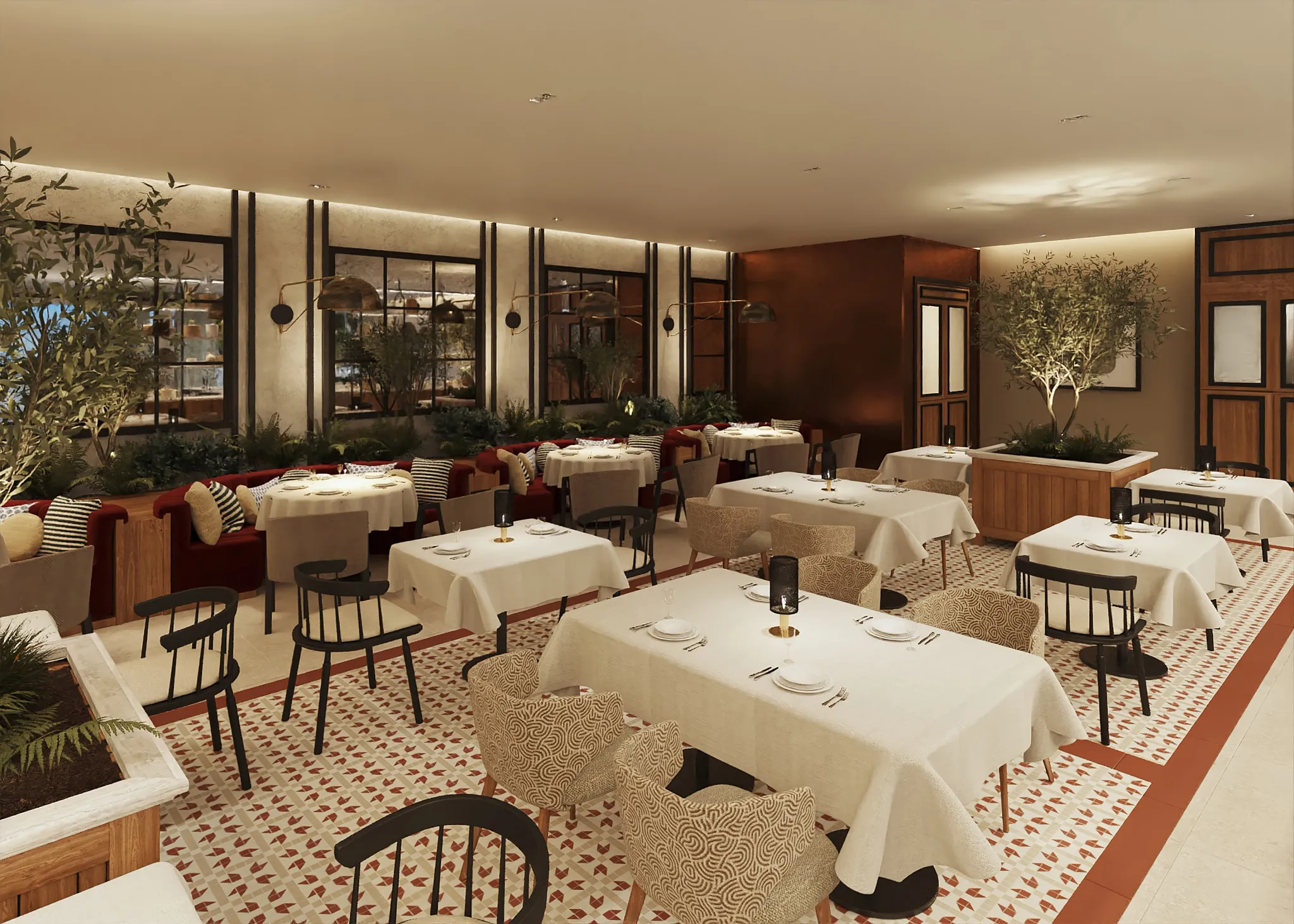 Portofino Italian restaurant at Secrets Playa Mujeres Golf & Spa Resort featuring elegant Tuscan-inspired décor and intimate dining tables.