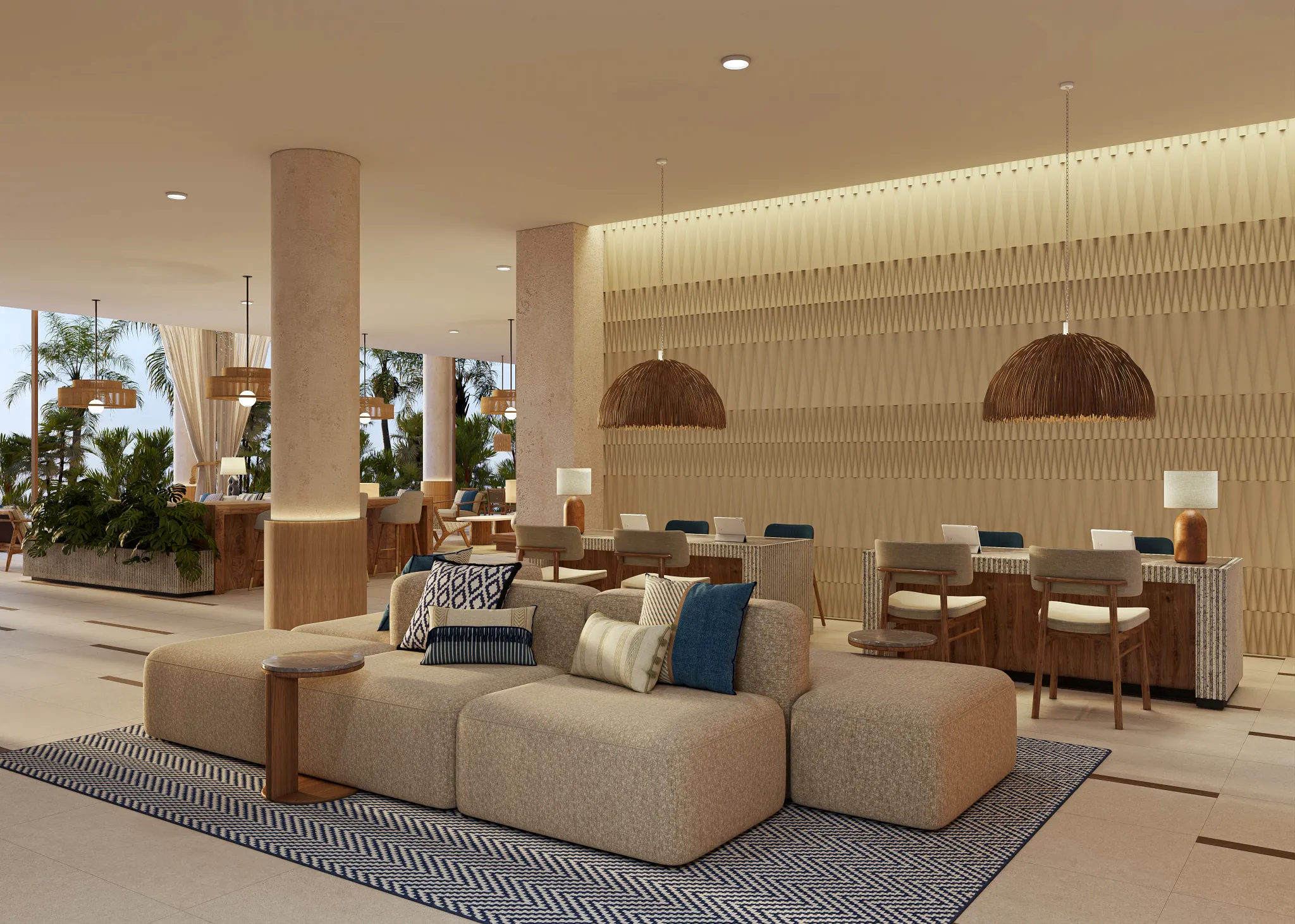 Stylish Preferred Club guest lounge with seating and concierge desks at Secrets Playa Mujeres Golf & Spa Resort.