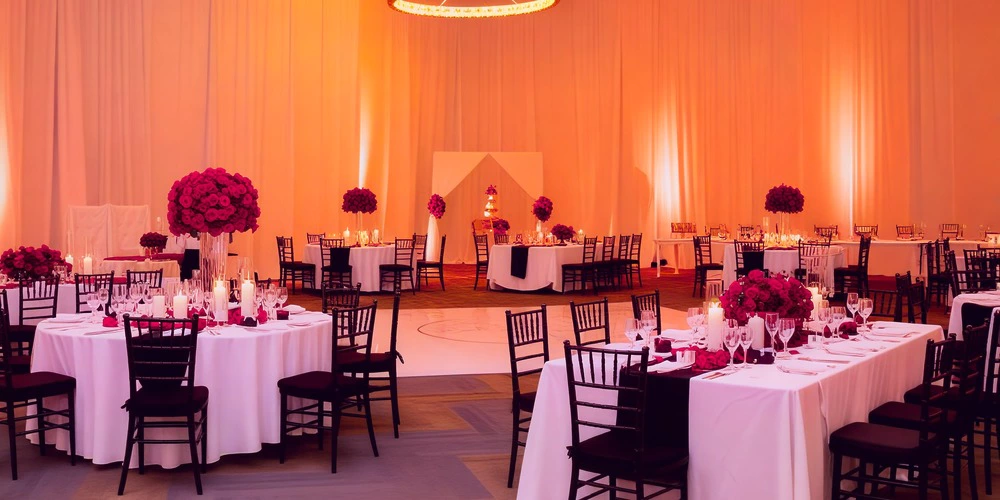 Ballroom wedding reception setup with elegant lighting at Secrets Playa Mujeres Golf & Spa Resort