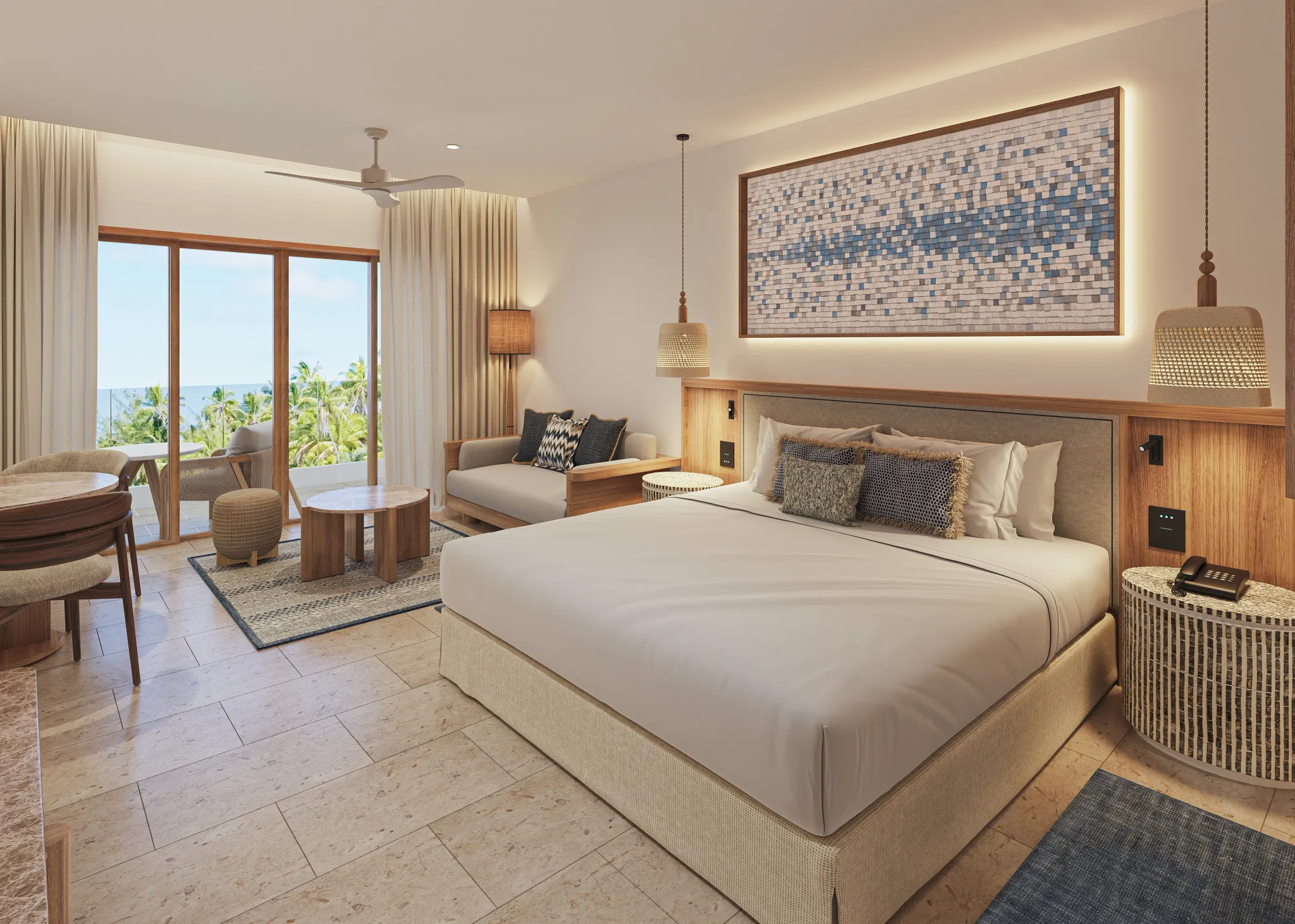 Junior Suite with king bed, sitting area, and private furnished balcony at Secrets Playa Mujeres Golf & Spa Resort with resort views.