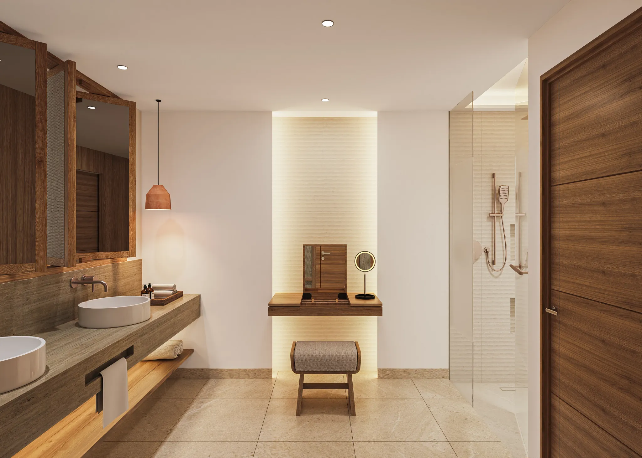 Preferred Club Junior Suite Ocean Front bathroom with rain shower and modern wood accents at Secrets Playa Mujeres Golf & Spa Resort.